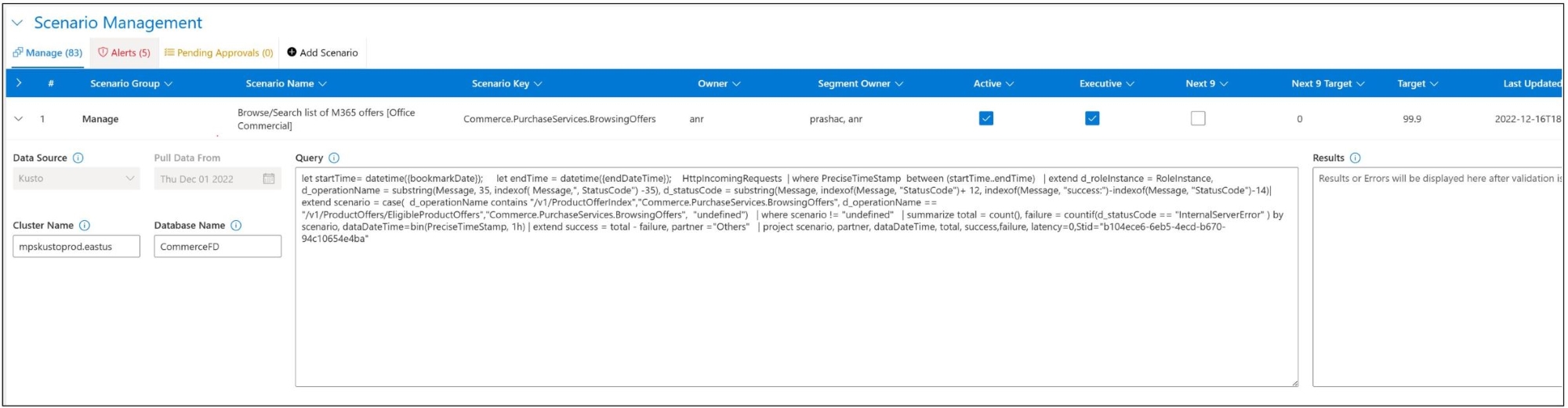 Showing Scenario Browse under Scenario Management page