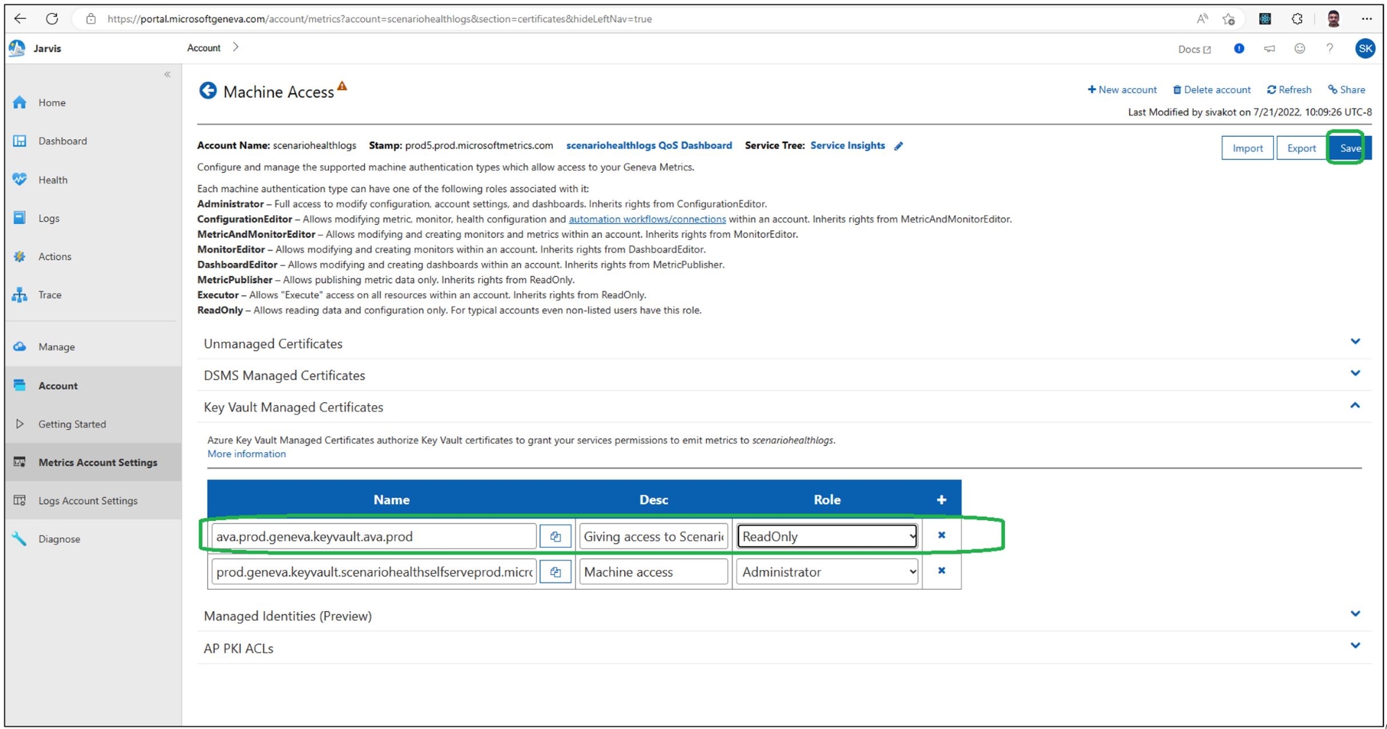 Showing Metric account setting screen with an option to add KeyVault cert